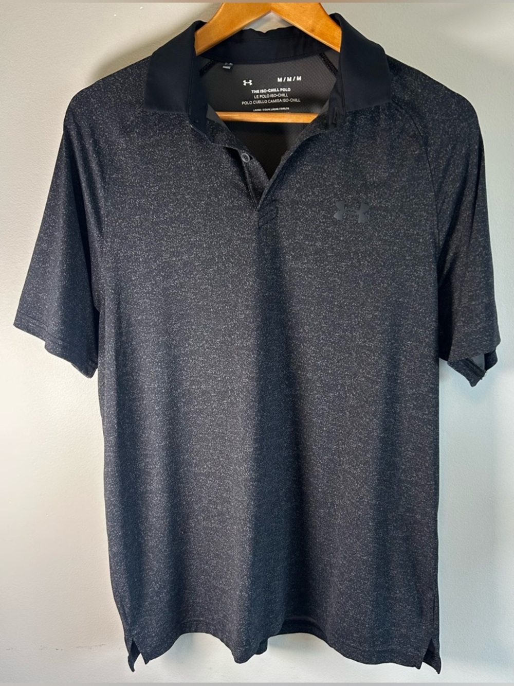 Under Armour Men’s The Iso Chill Polo Shirt Sz M Heathered Black Nylon Loose EUC